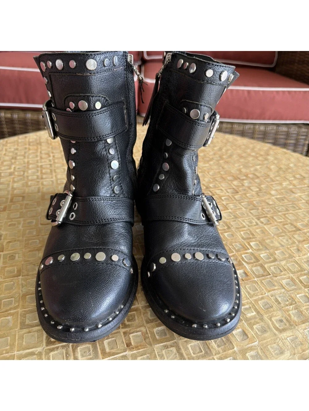 Sam Edelman Womens Drea Black Leather Studded Side Zip Moto Boots Size US 7